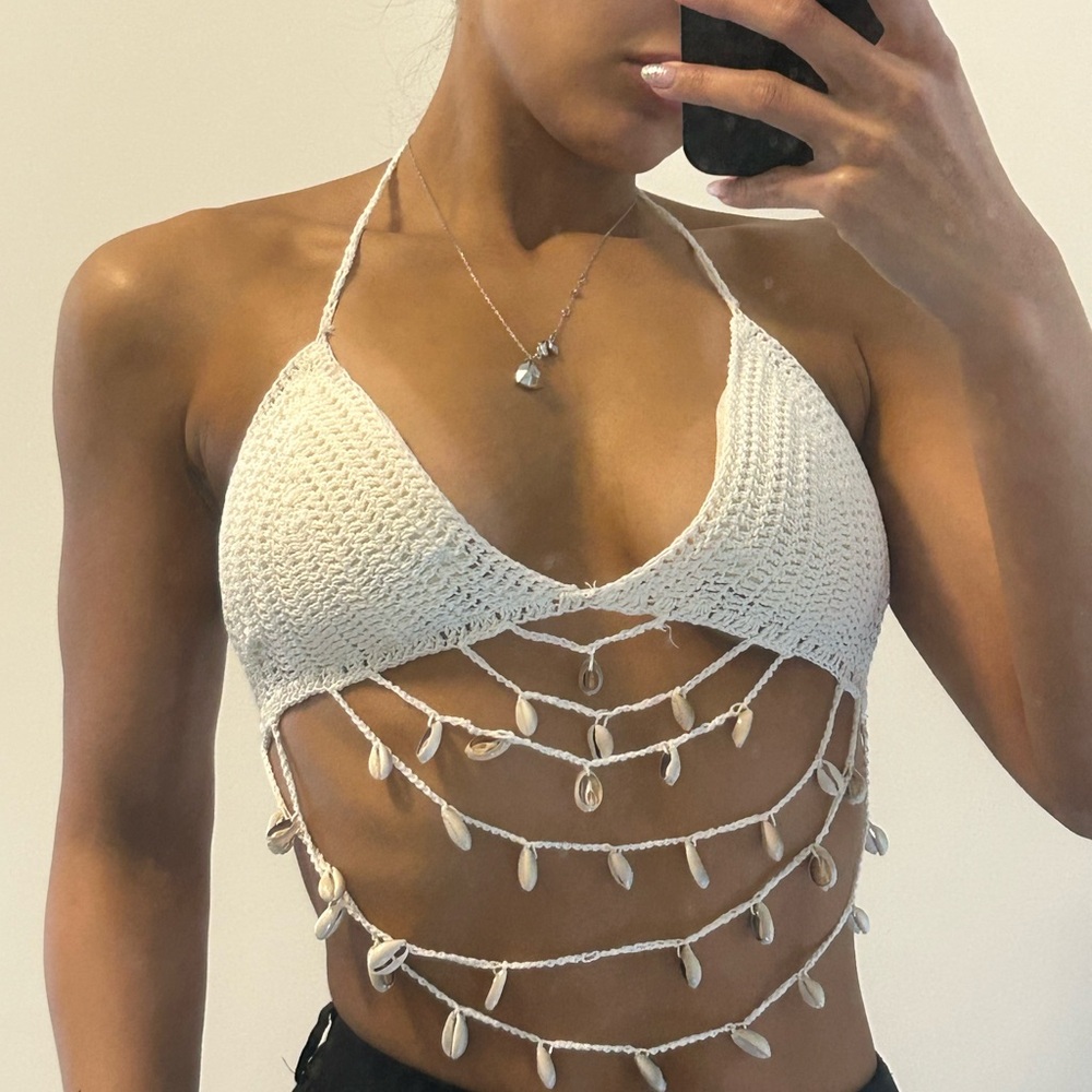 White Crochet Shell Halter Top